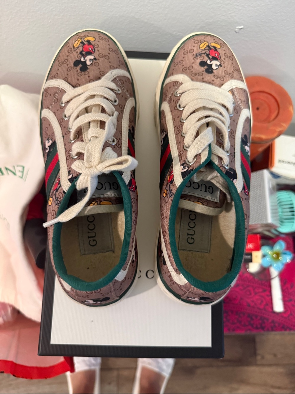 Gucci woman Brown Canvas Mickey Sneakers with Red & Green Web Stripe